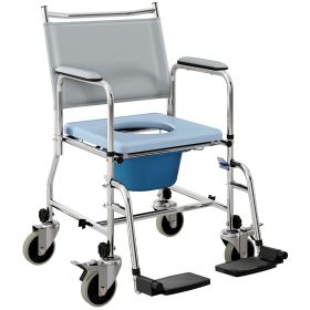 HOMCOM Rolling Shower Chair, Bedside Commode Wheelchair with Padded Seat, Backrest, for Seniors, Disabled, 300 lbs, Gray